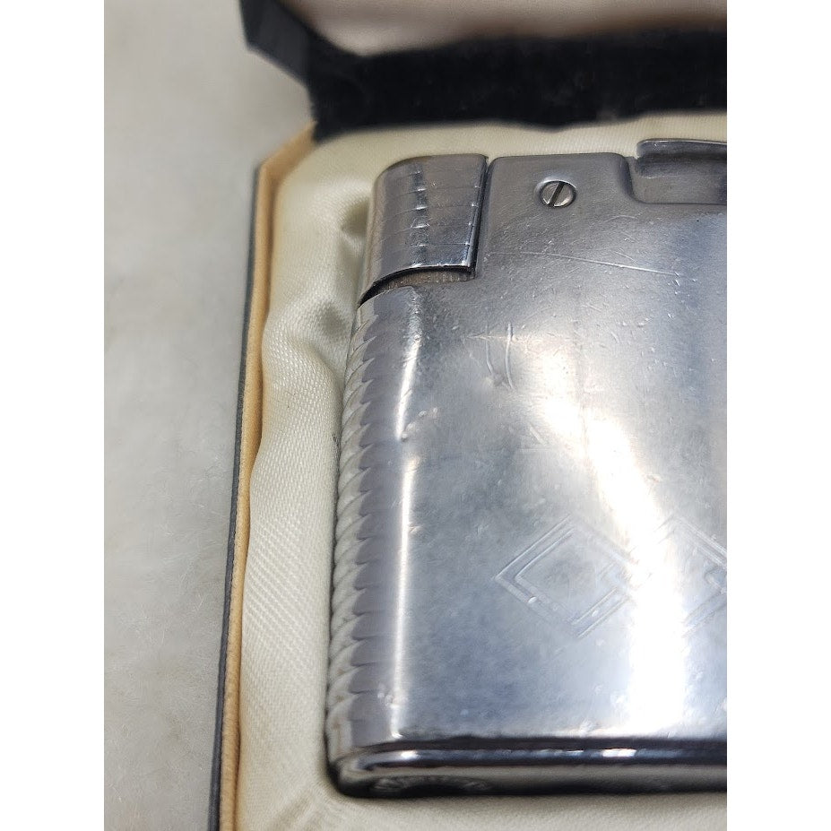 Vintage Ronson Varaflame Butane Lighter Silver Engraved Mid-Century Modern Box