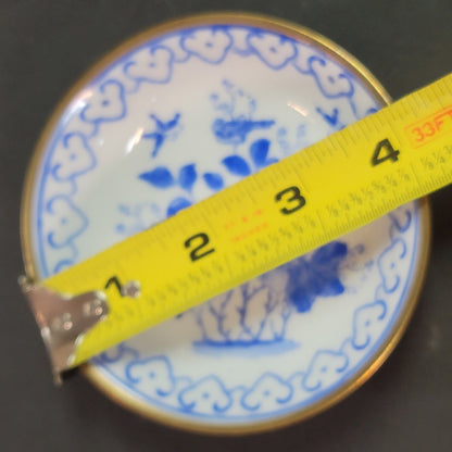 Vintage Stanley Hong Kong Brass Encased Porcelain Dish Blue White Chinoiserie