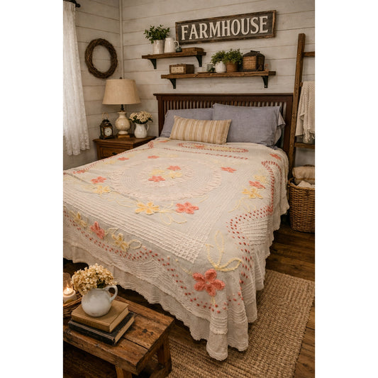 Chenille bedspread blanket Coverlet Flower NEED REPAIR blue red yellow FULL