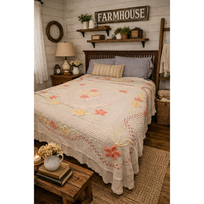 Chenille bedspread blanket Coverlet Flower NEED REPAIR blue red yellow FULL