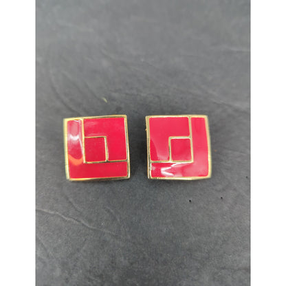 Vintage Pink Red Enamel Square Clip On Earrings Gold Tone Geometric Retro 1980s