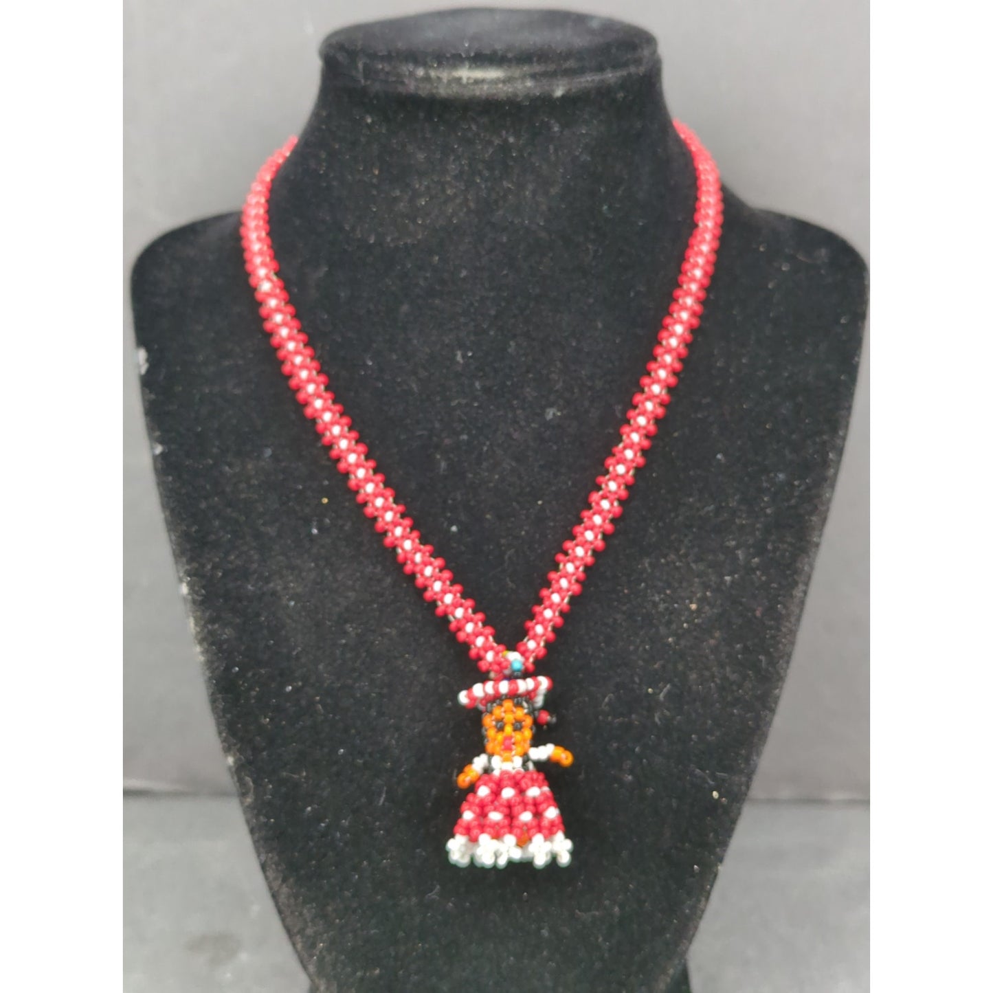 Vintage Folk Art Beaded Doll Pendant Necklace Red & White Mexican Otomi Style