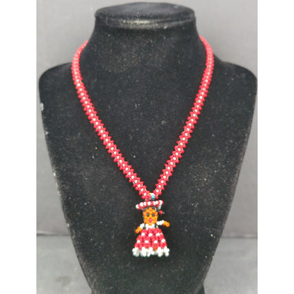 Vintage Folk Art Beaded Doll Pendant Necklace Red & White Mexican Otomi Style