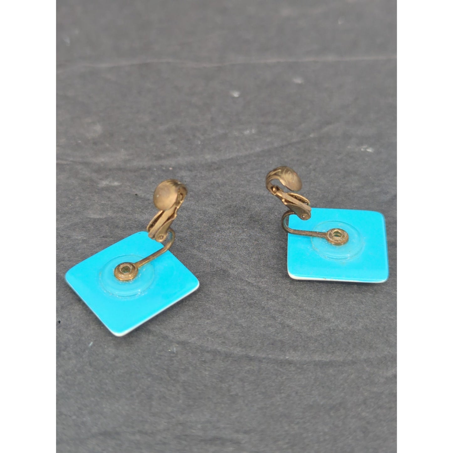 Vintage Square Turquoise Enamel Gold Tone Clip On Earrings Retro Modern