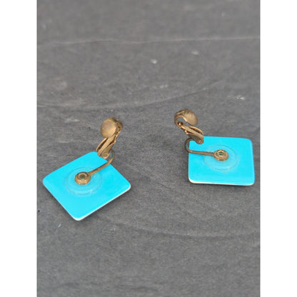 Vintage Square Turquoise Enamel Gold Tone Clip On Earrings Retro Modern