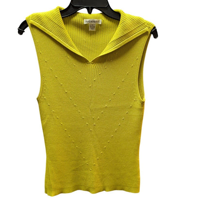 Preston York Chartreuse Ribbed Knit Sleeveless Top Collared V Neck Y2K Preppy