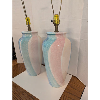 Vintage Montgomery Ward Pastel Ceramic Table Lamps Set Blue Pink Swirl Retro