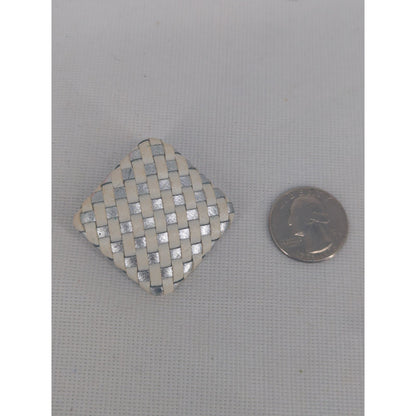 Vintage Woven Pattern Diamond Post Earrings Cream Silver Retro Chic
