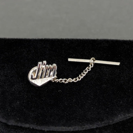 Vintage Silver Tone JIM Name Personalized Tie Tack 2 Inch Script Mid Century