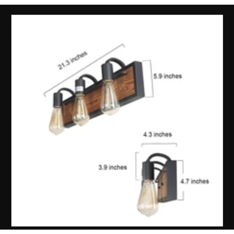 LNCValtiary 3-Light Wood Vanity Light new BLACK TWO TONE OVER THE SINK EDISON