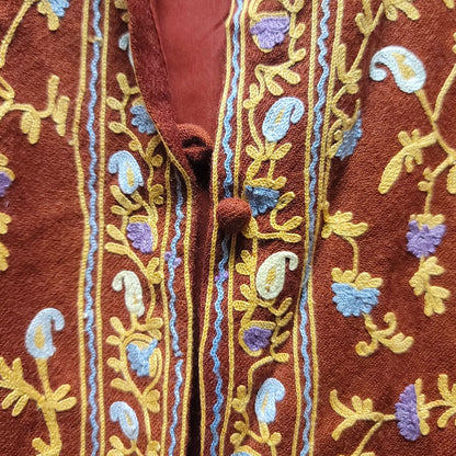 Burgundy Wine Long Duster Lined Embroidery Floral Paisley Coat Jacket XL/ 16