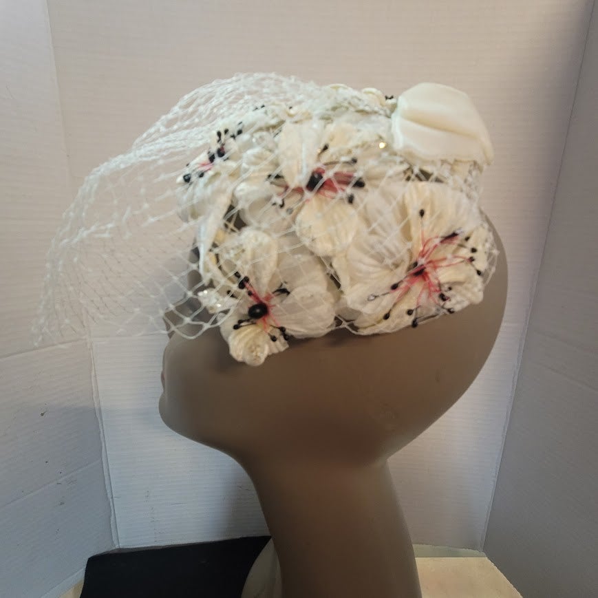 Vintage 1950s Cream Floral Birdcage Veil Pillbox Hat Sequins Rhinestones