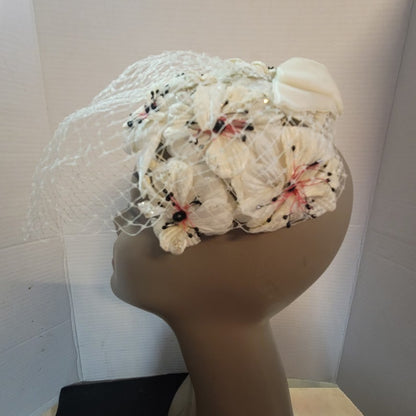 Vintage 1950s Cream Floral Birdcage Veil Pillbox Hat Sequins Rhinestones