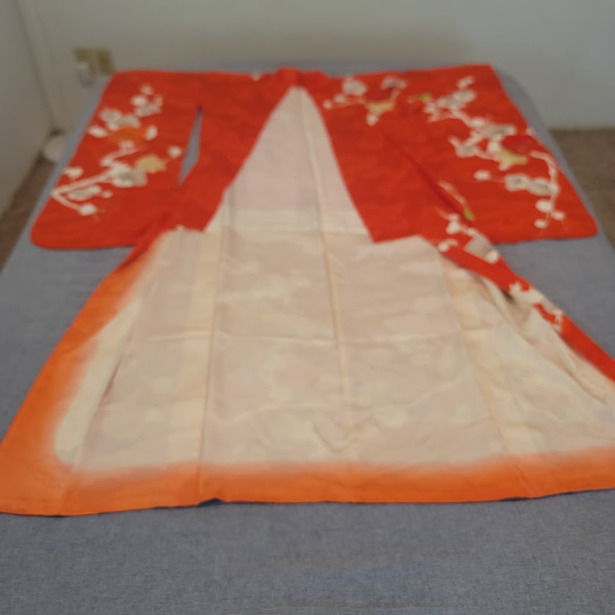 Vintage Silk Furisode (long sleeve) Kimono Robe Orange Gold Red Plum Blossom
