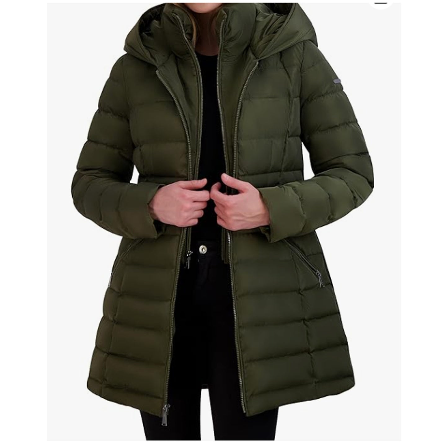 Laundry by Shelli Segal Puffer Jacket Hood Velvet Trim Olive NEW FullZip Size XL
