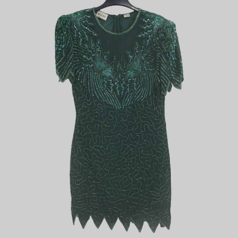 Vintage Denise Elle Sequin Beaded Scalloped Hem Sheath Dress Emerald Green Large