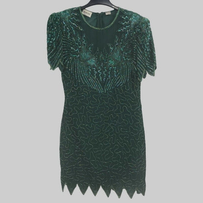 Vintage Denise Elle Sequin Beaded Scalloped Hem Sheath Dress Emerald Green Large