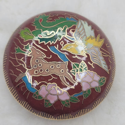 Vintage Cloisonné Enamel Trinket Snuff Pill Stash Box Deer, Crane & Dragon Motif