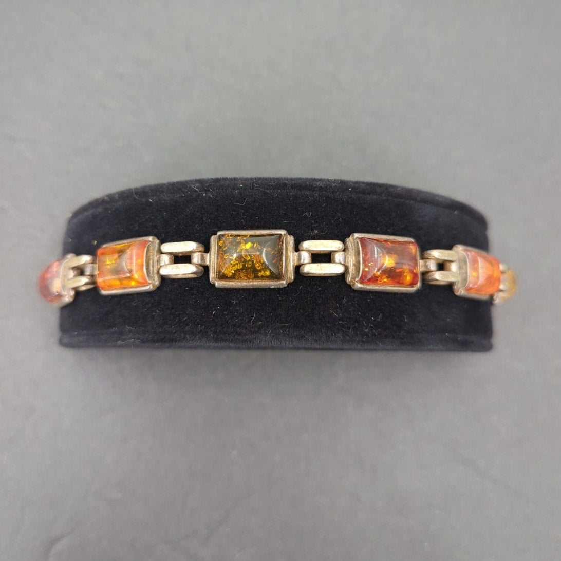 Vintage Amber Glass Emerald Cut Link Bracelet MCM Goldtone dark academia autumn