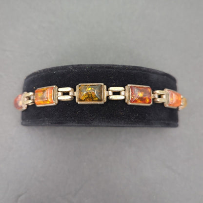 Vintage Amber Glass Emerald Cut Link Bracelet MCM Goldtone dark academia autumn