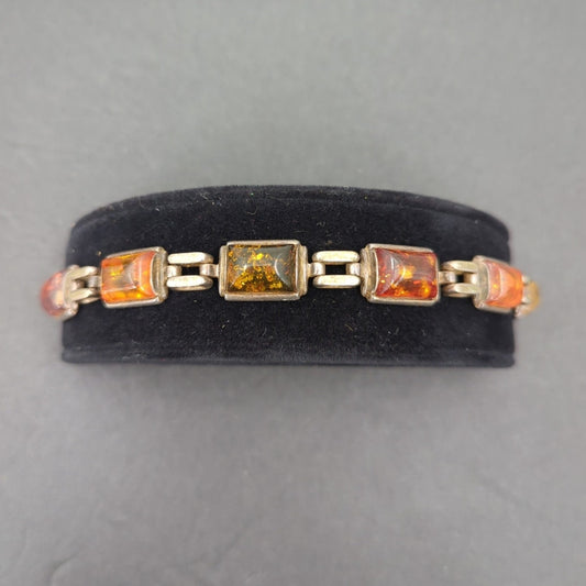 Vintage Amber Glass Emerald Cut Link Bracelet MCM Goldtone dark academia autumn