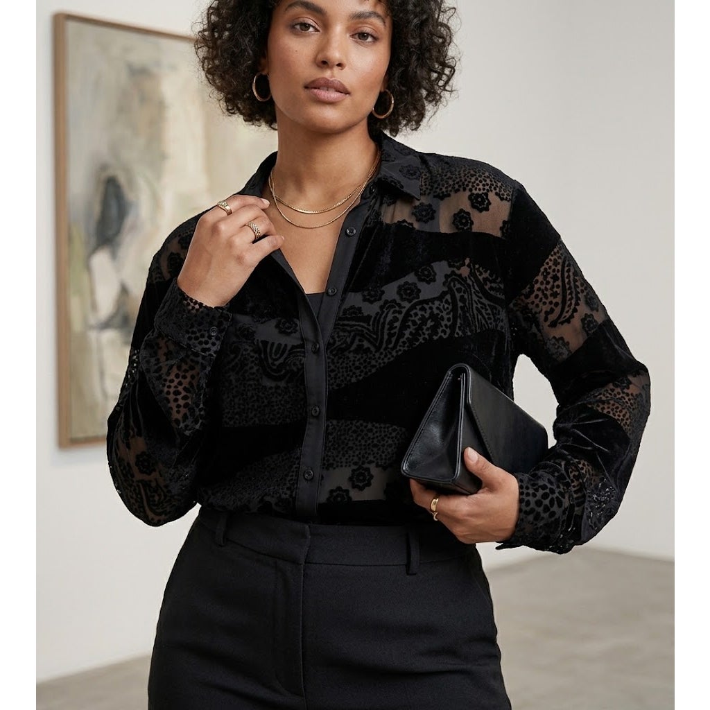 Uchi By Rafael Matz 2 Piece Set Black Velvet Sheer Floral Jacket Tank Large NWT