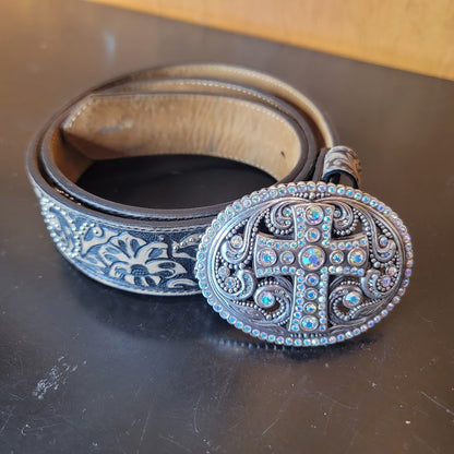 Western Justin Boots 34 Brown Leather Belt Silver Buckle w/ Rhinestone Cross