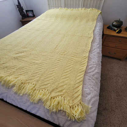 handmade Yellow afghan throw fringe chevron 50" x77" twin zigzag homestead retro