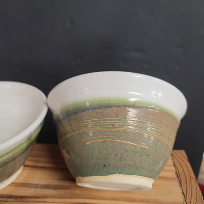 Lot of 2 handmade art pottery studio tea bowls Earthtones Green white sand Clay