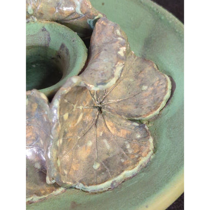 Art Pottery studio signed Elaine candle holder Green Leaf Design Natural