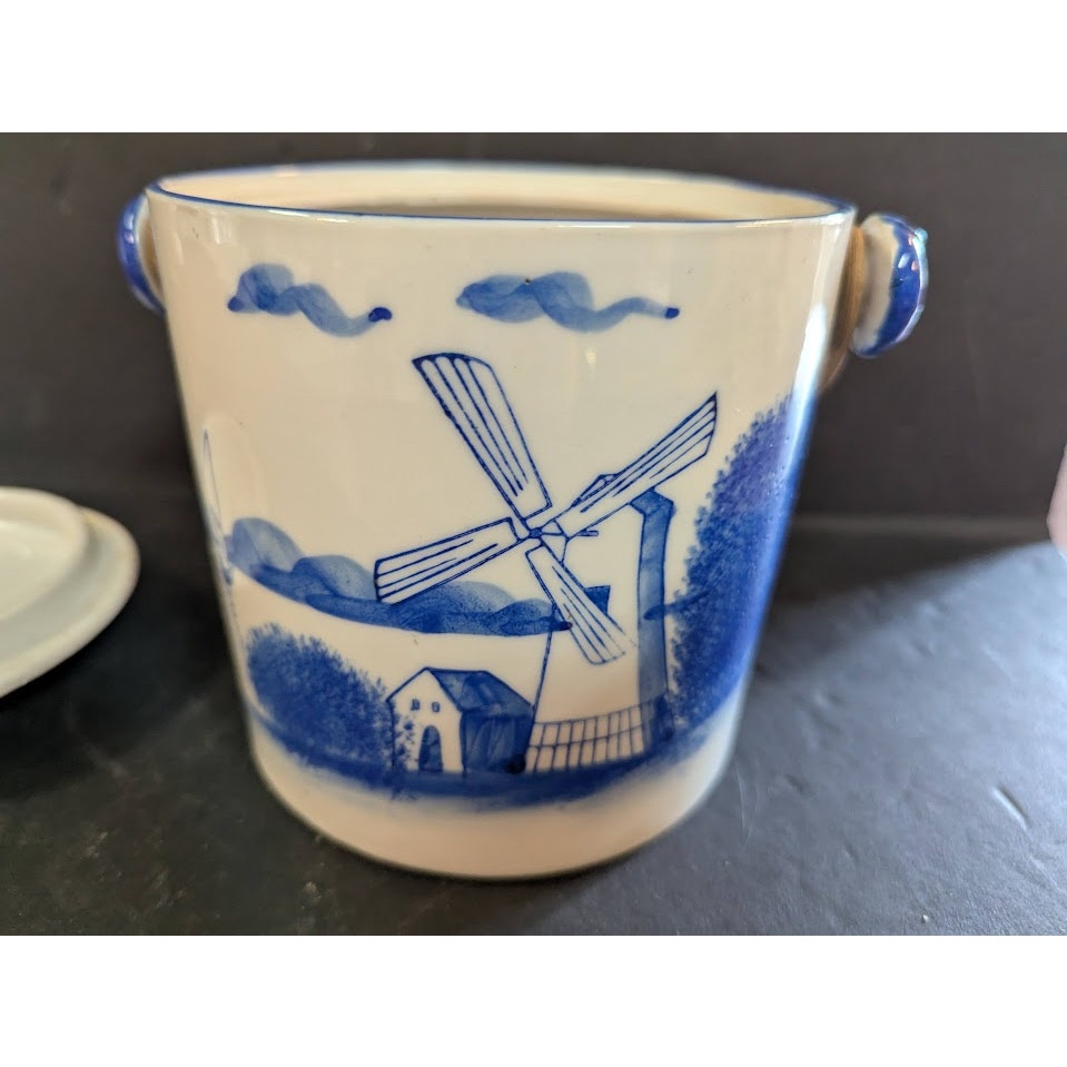 Vtg Hand Painted Biscuit / Cookie tea  Jar Wicker Handle Lid Japan Blue Canister