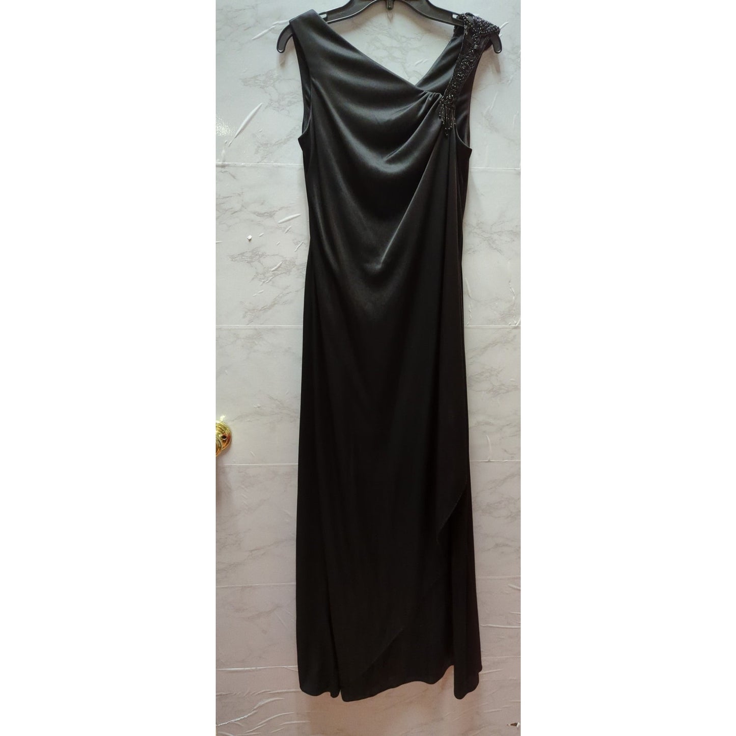 Vintage Black Asymmetrical Beaded Strap Satin Finish Midi Gown Dress Extra Small