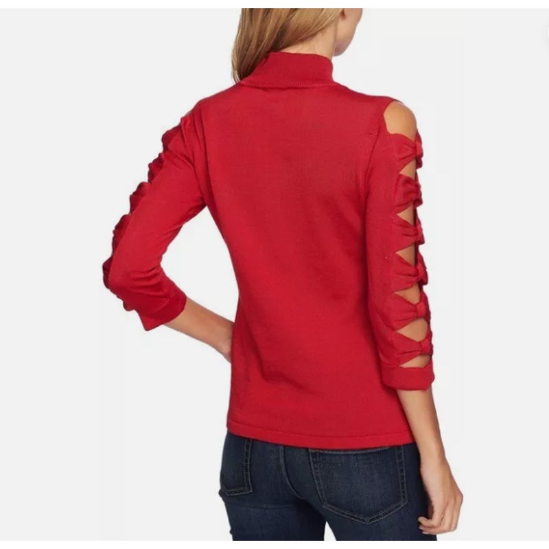 CeCe by Cynthia Steffe Mock Neck Sweater Bow Sleeve Ribbon Red Small Holiday NEW