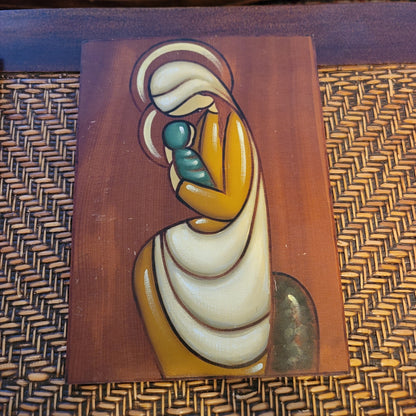 FUKUOKO SIGNED Vintage handpainted Japan mother child wall art wood plaque PAIR