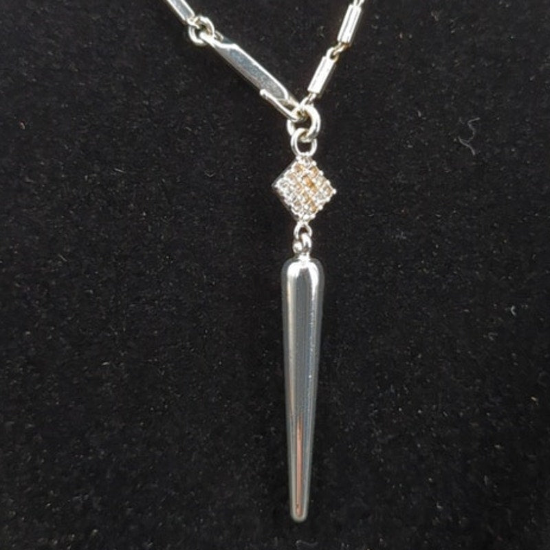 Vintage Fashion Necklace 15.5" long stiletto pendant MODERNIST silvertone