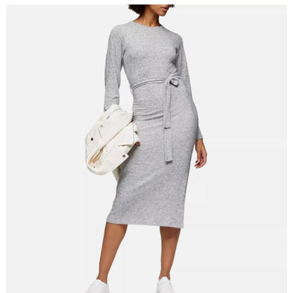 Topshop Long Sleeve Knit Midi sweater Dress Grey Size 10 soft side slit casual