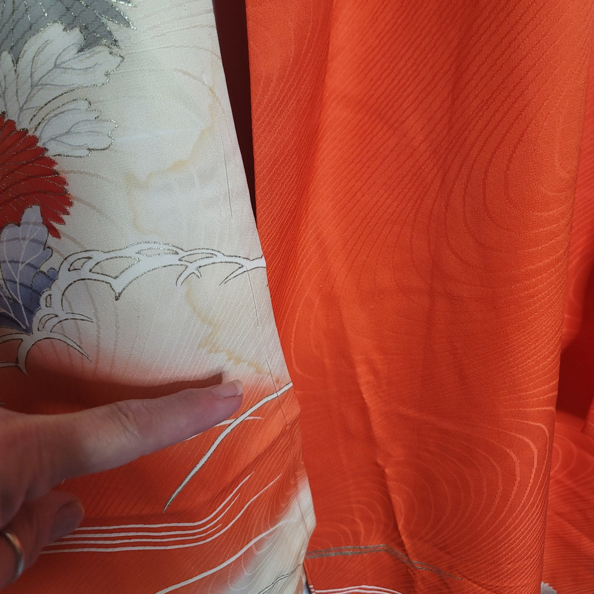 Vintage Silk Furisode (long sleeve) Kimono Robe Orange Gold Silver Embroidery