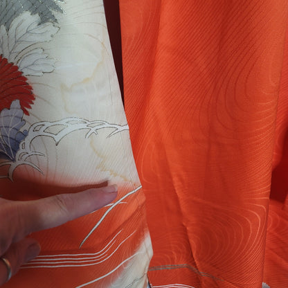 Vintage Silk Furisode (long sleeve) Kimono Robe Orange Gold Silver Embroidery