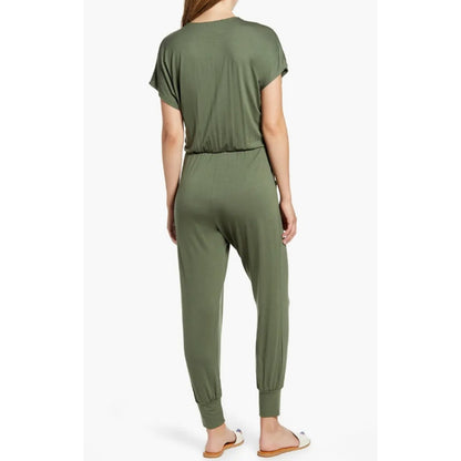 Loveappella Short Sleeve One Piece Wrap Top Jumpsuit OLIVE Pockets MEDIUM NEW