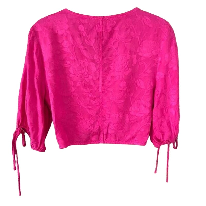 Staud Bloom Top V-Neck Ruched Drawstring Crop Top Size Large in Peony Pink NWT