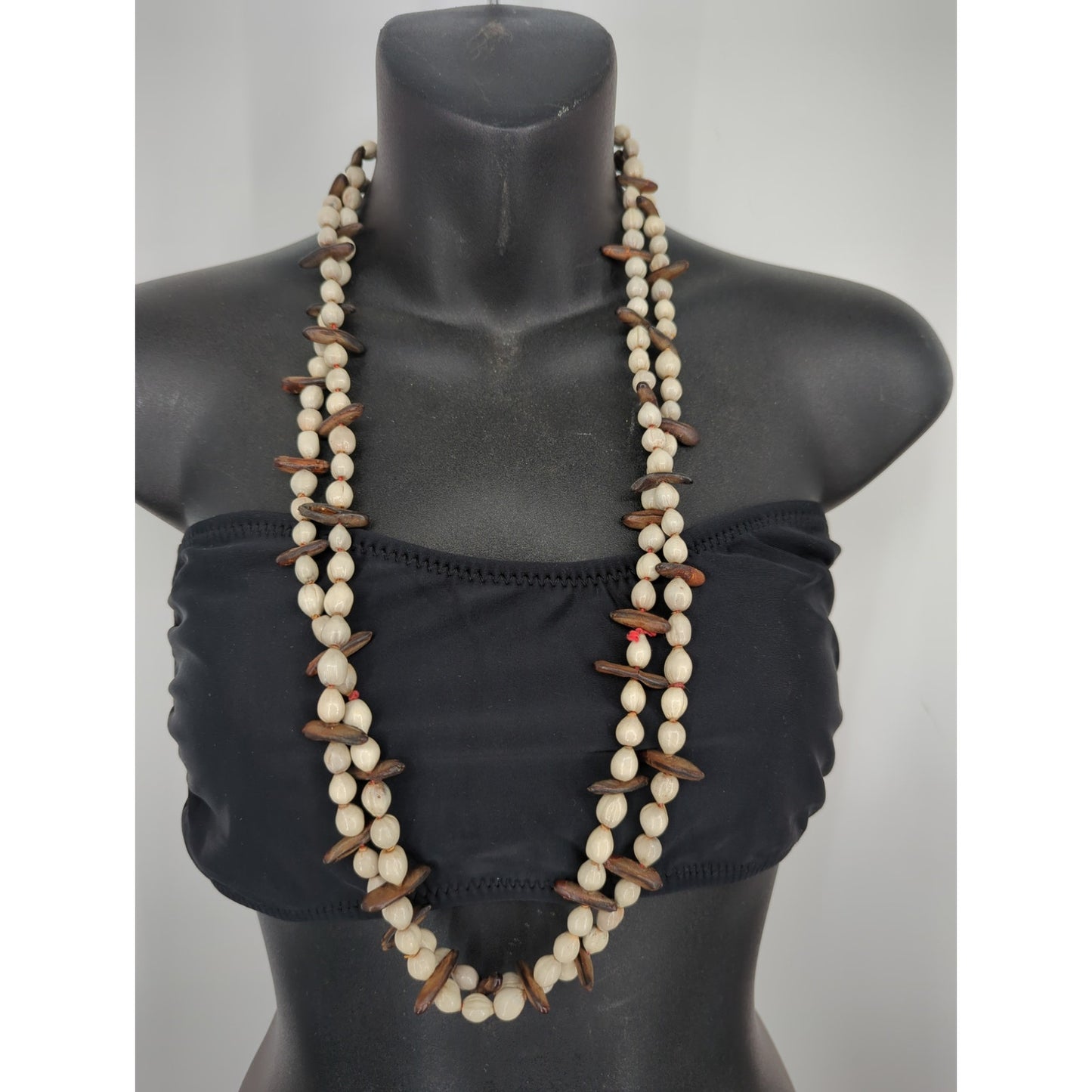 Vintage Double Strand Natural Seed & Wood Bead Necklace Boho Island Beach Chic