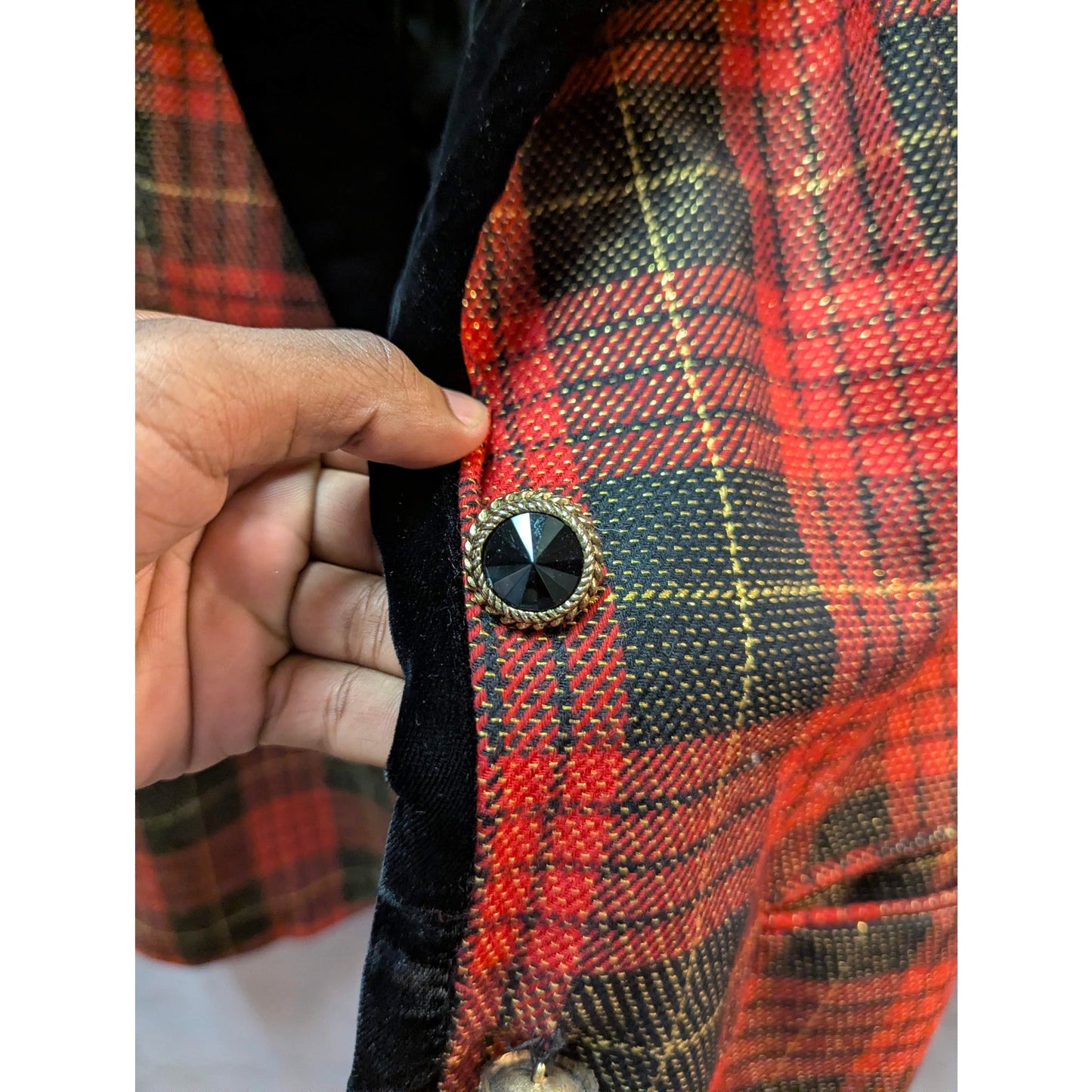 Vintage Anne Klein II Red Tartan Plaid Velvet Collar Blazer 8 Petite Wide lapel
