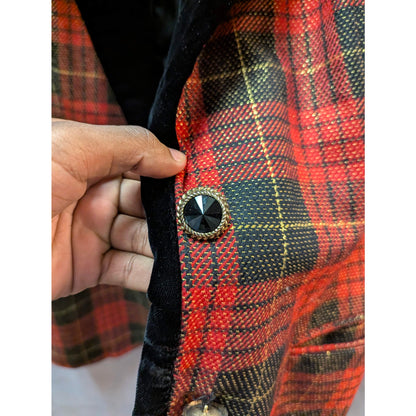 Vintage Anne Klein II Red Tartan Plaid Velvet Collar Blazer 8 Petite Wide lapel