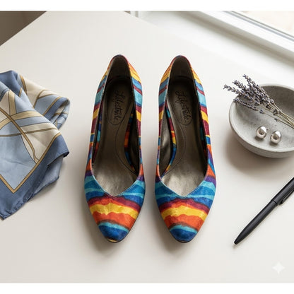 LifeStride MultiColor Abstract Print Pumps Size 7 Pointed Toe Bold Glam Rock 80s