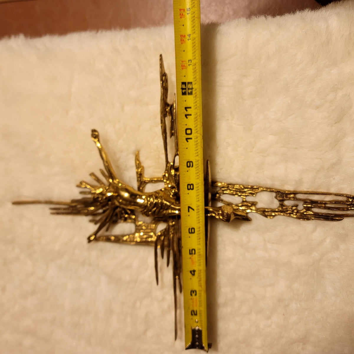 Brutalist crucifix religious wall sculpture goldtone Jesus on Cross Spain Bronze