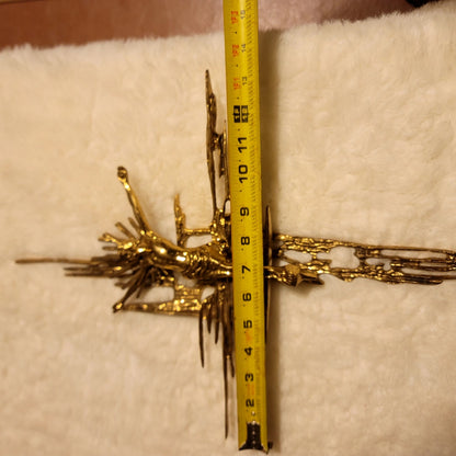 Brutalist crucifix religious wall sculpture goldtone Jesus on Cross Spain Bronze