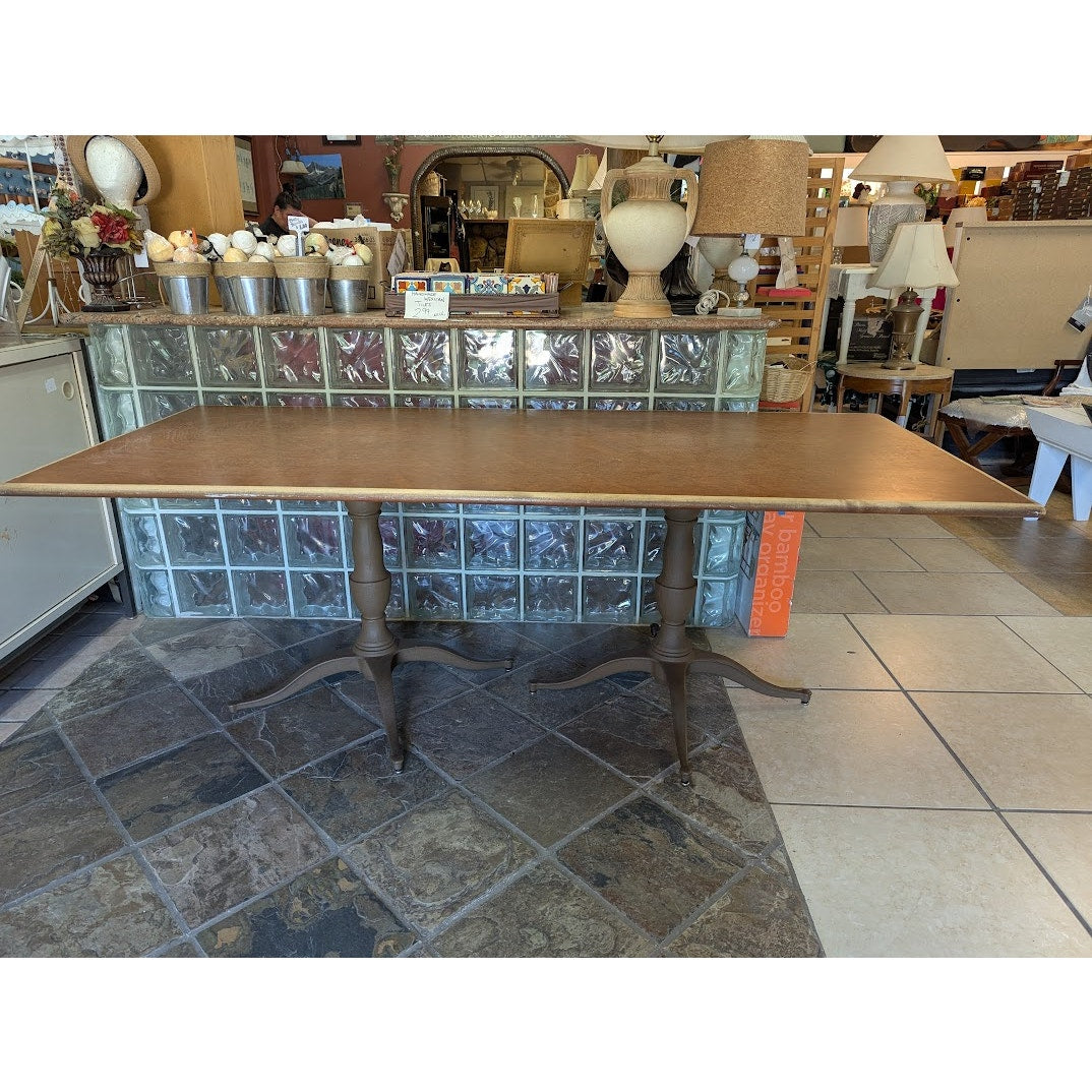 SECONDHAND SANDIES: Double cast iron pedestal Table desk solid red/white oak top 7' x 3'
