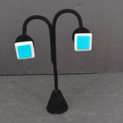 Vintage Square Turquoise Enamel Gold Tone Clip On Earrings Retro Modern