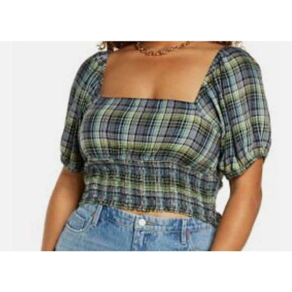NEW BP Womens Smock Crop Top Green Size Medium Plaid Square Neck Puff Sleeve