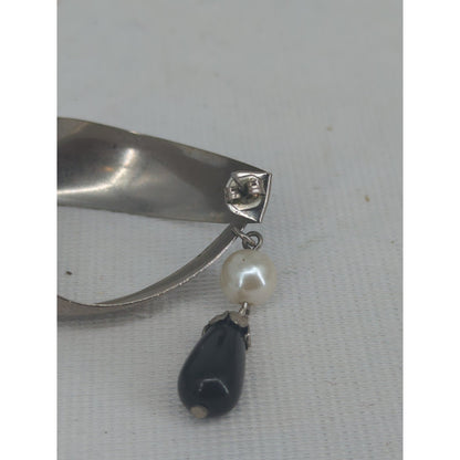 Vintage Swirl Hoop Earrings Silver-Tone Faux Pearl and Black Teardrop Dangle